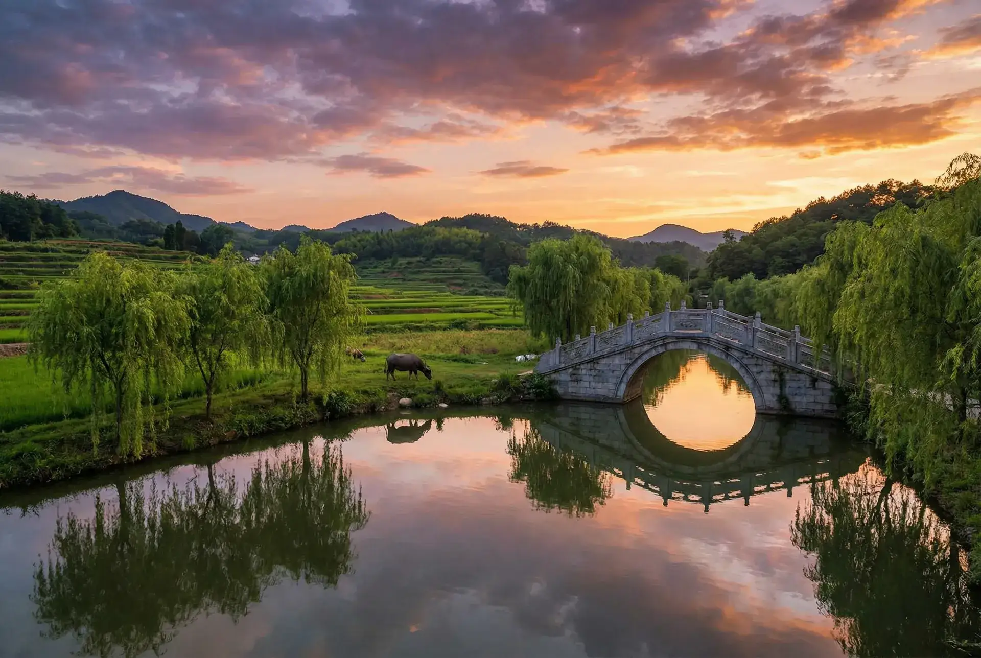夕阳下的石拱桥与垂柳，水牛在河边吃草 - 马云对话美国记者 乡村美景